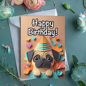 Carte d'anniversaire carlin chien, carte 2D, image 2D, carte de voeux carlin mignon, cadeau chien carlin, carte d'anniversaire pour amoureux des chiens, carte d'anniversaire carlin, carte carlin