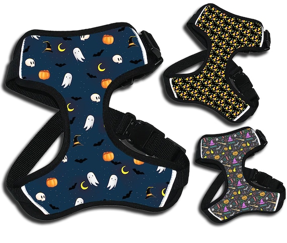 Halloween dog harness, Pumpkin Print Dog Harness, Ghost Print Dog Harness, Witch Hat, Goth Dog Harness, Adjustable Dog Harness, Spooky