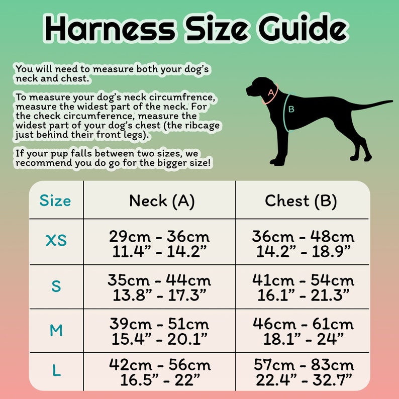 May include: A chart with a dog illustration showing harness size guide for different dog breeds. The chart includes neck and chest measurements in inches and centimeters for extra small, small, medium, and large sizes.