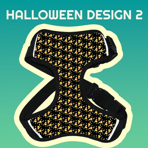 May include: Black dog harness with a white border and a pattern of yellow and orange candy corn on a black background.  Halloween Design 2.