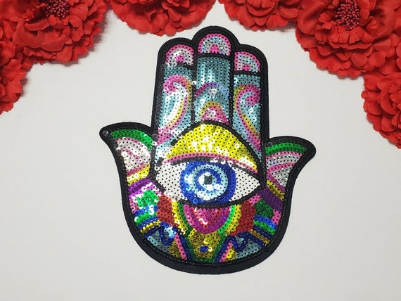 Evil Eye Iron on Patch, Large Sequined Glitter Eye Patch, Sequin Patches,  Hamsa Iron on Patch for Clothing, Jacket, Caps, Book Bags 