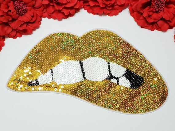 Embroidered iron on patches for clothing Red sequins Lips DIY Motif ZP