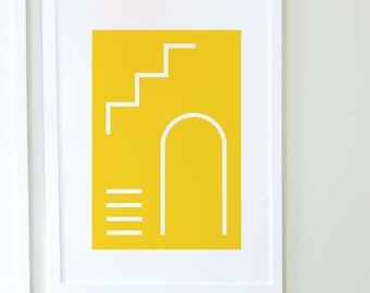 Simple lines Architecture illustration in minimalist style in Yellow, Pink and Green