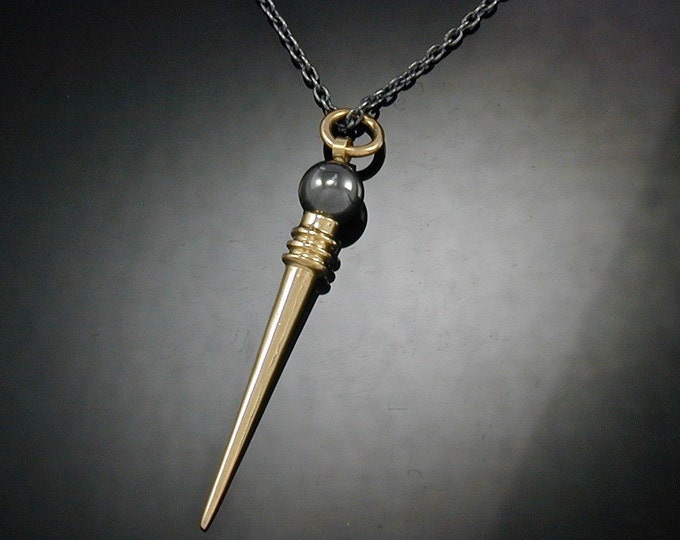 18KT Gold Hematite Dart Pendant | 750 Yellow Gold Spike Silver Chain | Keiser Sterling Jewelry | Mens Spike Pendant 18K Gold | Gold Spike
