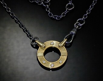 Collar Art Déco de plata de ley con diamantes y oro de 18 quilates / Collar de plata con oro de 18 quilates / Joyería Keiser de plata de ley / Collar circular de oro amarillo de 750 con diamantes