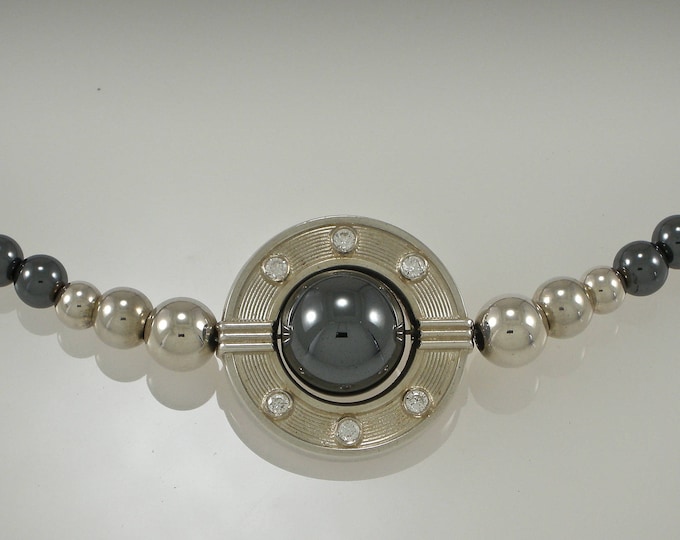 Art Deco Sterling Diamond Hematite Beaded Necklace | Silver Diamond Necklace | Keiser Sterling Jewelry | 925 Diamond Necklace | Necklace