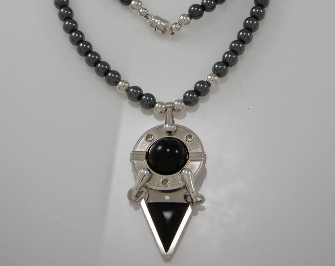 Sterling Portal Pendant Onyx Hematite | Silver Black Onyx Pendant | Keiser Sterling Jewelry | Hematite Beaded Necklace | Triangular Pendant