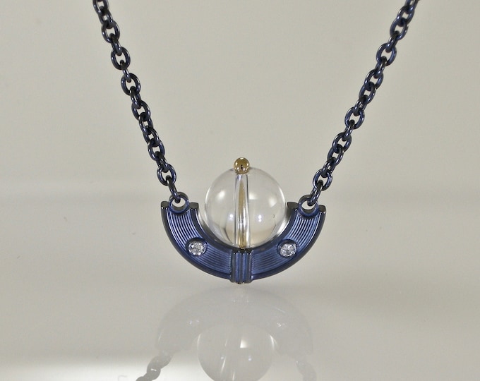 Deco Sterling Diamond 18KT Quartz Pendant |  Art Deco Pendant | Keiser Sterling Jewelry |  Oxidized Silver 750 Gold Pendant | Quartz Bead