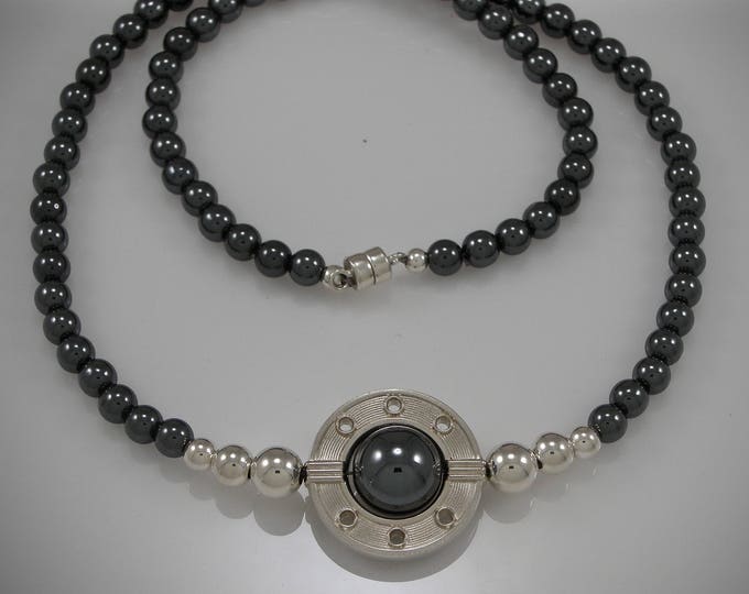 Art Deco Sterling Hematite Necklace | Silver Beaded Circle Necklace | Keiser Sterling Jewelry | 925 Ring Necklace | Beaded Necklace | Keiser