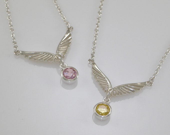Sterling Wing CZ Gem Necklace | Silver 6mm CZ Necklace | Art Deco Necklace | Keiser Sterling Jewelry | 925 Cubic Zirconium Gem Necklace