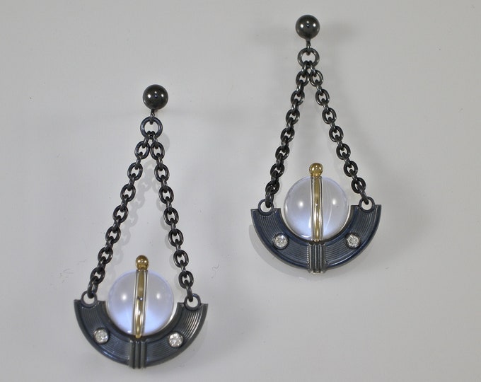 Art Deco Sterling Diamond 18KT Quartz Earrings | Deco Silver Dangle Earrings | Keiser Sterling Jewelry |  Oxidized Silver 750 Gold | Quartz
