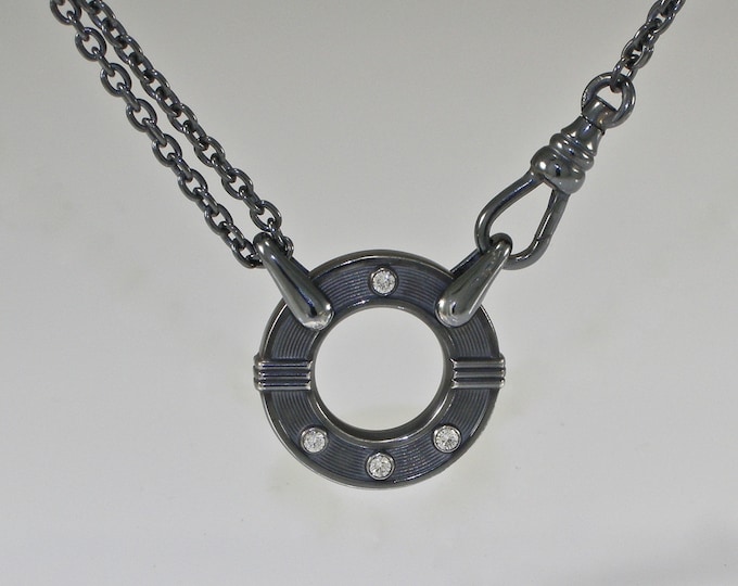 Art Deco Sterling Diamond Circle Necklace | Silver Watch Chain Necklace | Keiser Sterling Jewelry | Double Chain Oxidized Silver | Portal