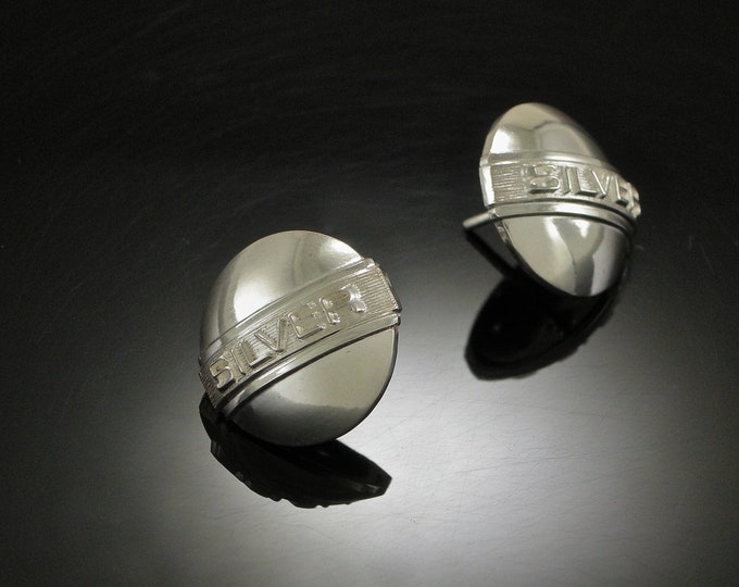 Art Deco Sterling Embossed Letter Dome Earrings | Silver Dome Earrings | Keiser Sterling Jewelry | 925 Earring | Raised Letter "S I L V E R"