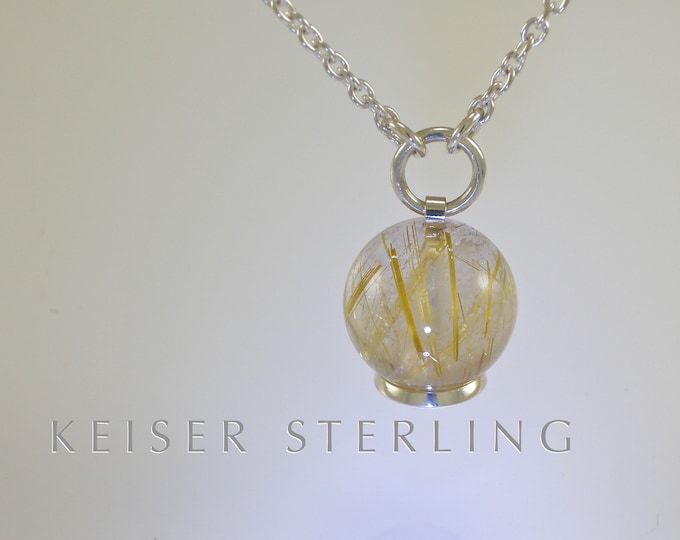 Sterling Silver Rutilated Quartz Crystal Pendant | Crystal Bead Healing Centering Pendant | Keiser Sterling Jewelry | 925 Silver Pendant |