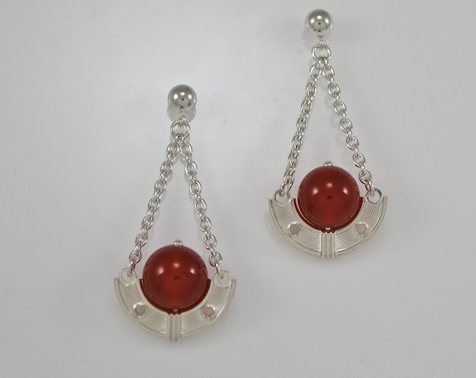 Art Deco Earrings | Silver Dangle Earrings | Sterling Chain Earrings | Carnelian Earrings | Ball Post Earrings | Keiser Sterling Jewelry