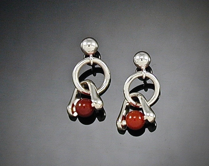 Sterling Carnelian Dangle Earrings | Silver Bead Earrings | Keiser Sterling Jewelry | Dangle Bead Earrings | Carnelian Ball Post Earrings |