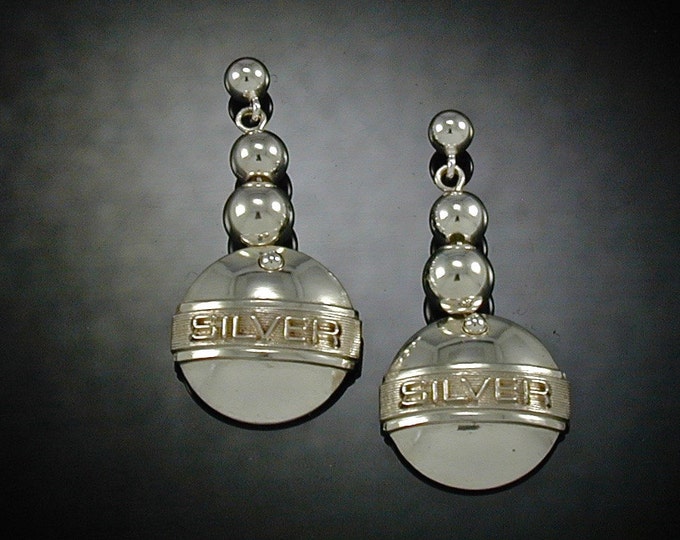 Art Deco Sterling Dangle Embossed Letter Earrings | Silver Dome Bead Earring | Keiser Sterling Jewelry | 925 Earrings | Stamped Earrings