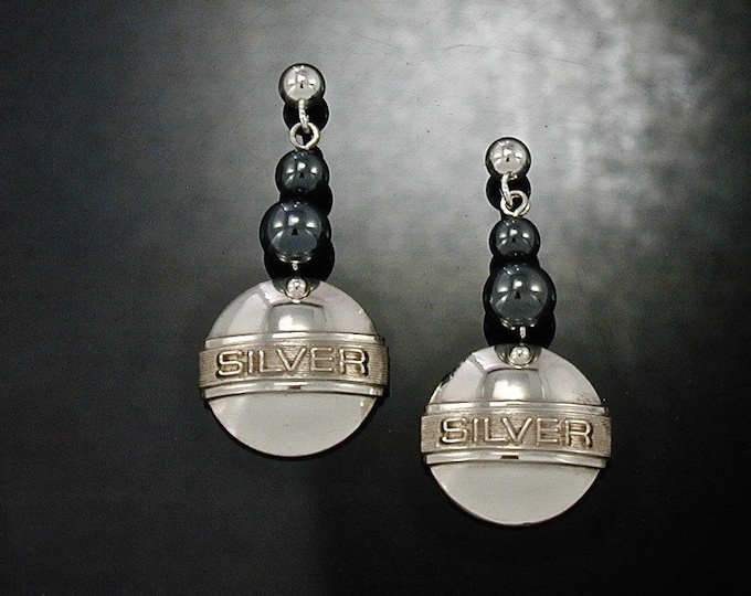 Art Deco Sterling Dangle Embossed Letter Earrings | Silver Dome Bead Earring | Keiser Sterling Jewelry | 925 Earrings | Hematite Earrings