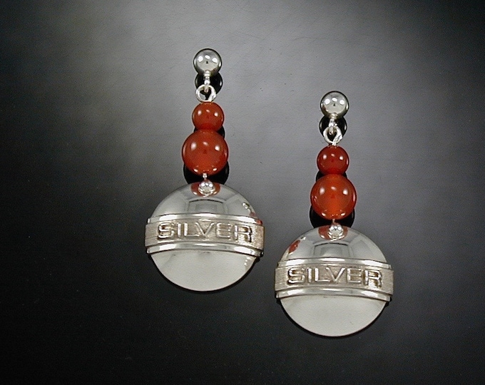 Art Deco Sterling Dangle Embossed Letter Earrings | Silver Dome Bead Earring | Keiser Sterling Jewelry | 925 Earrings | Carnelian Earrings