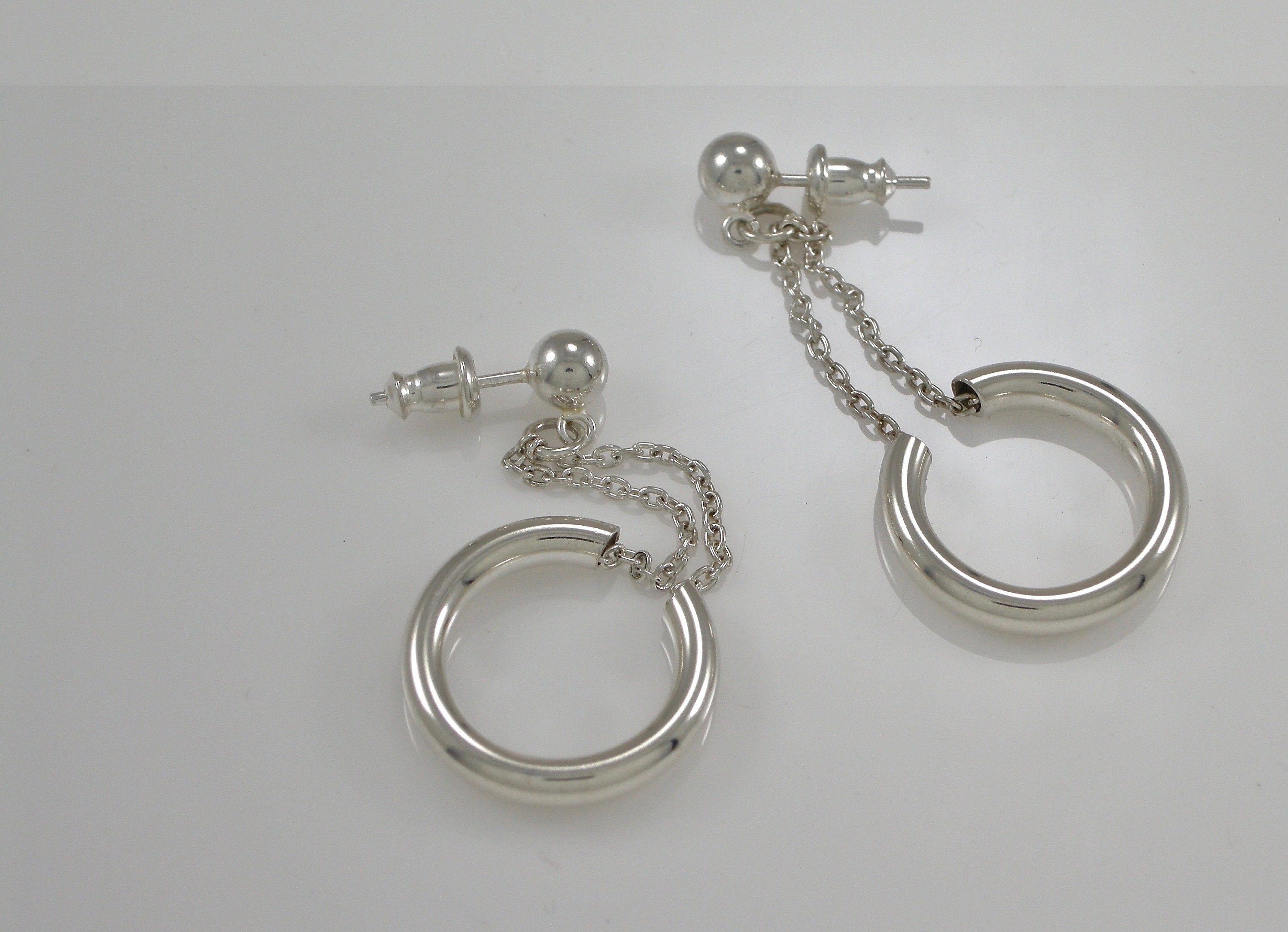 Silver Dangling Hoop Earrings Sterling Circle Earrings Chain