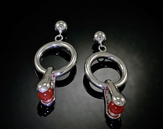Sterling Carnelian Stirrup Earrings | Silver Hoop Earrings | Keiser Sterling Jewelry | 925 Carnelian Dangle Earrings | Silver Drop Earrings