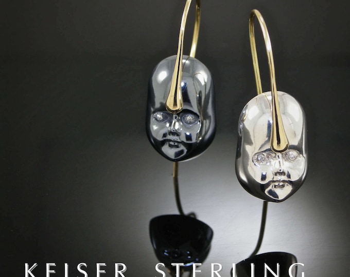 Sterling 18K Gold Diamonds Doll Face Earrings | Silver Childs Face Earrings | Keiser Sterling Jewelry | Sterling 750 Diamond Dangle Earring