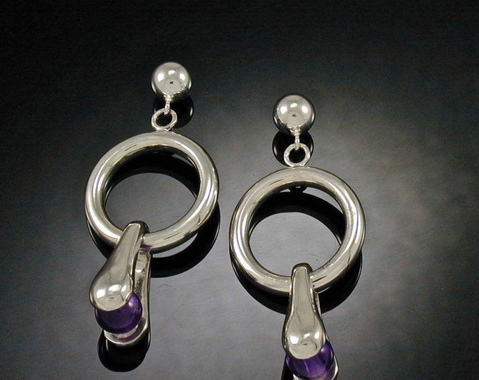 Sterling Amethyst Stirrup Earrings | Silver Hoop Earrings | Keiser Sterling Jewelry | 925 Amethyst Dangle Earrings | Silver Drop Earrings