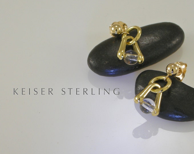 18KT Gold Quartz Stirrup Earrings | Quartz BeadEarrings | Keiser Sterling Jewelry | 750 Gold Earrings |  18K Quartz Ball Post Earrings |