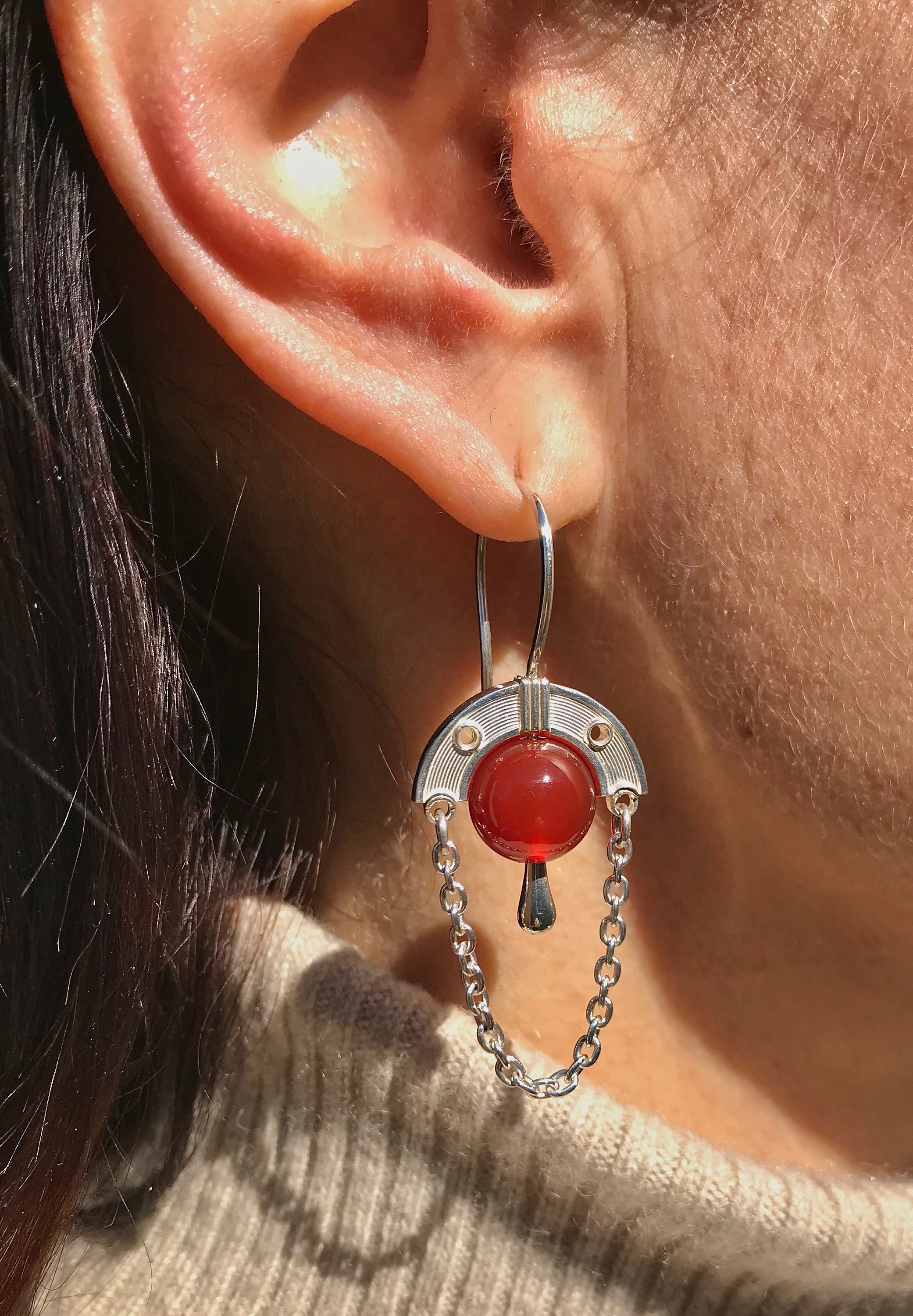 Sterling Art Deco Carnelian Drop Earrings | Silver Dangle Chain ...