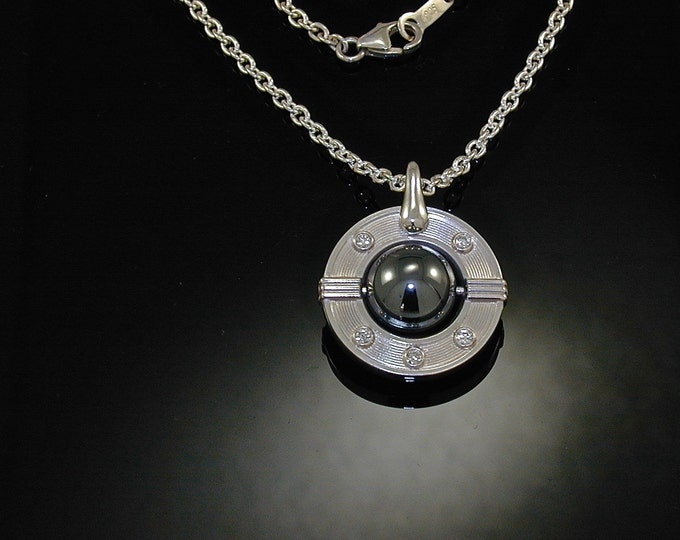 Art Deco Sterling Diamond Hematite Pendant | Silver Diamond Circle Pendant | Keiser Sterling Jewelry | 925  Ring Pendant | Hematite Bead