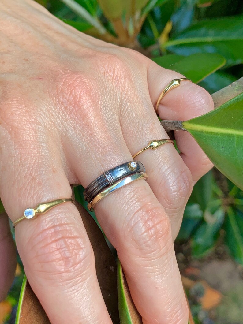 Puede incluir: Una mano con cuatro anillos de oro, uno con un peque&ntilde;o diamante, otro con un diamante m&aacute;s grande y dos bandas simples.