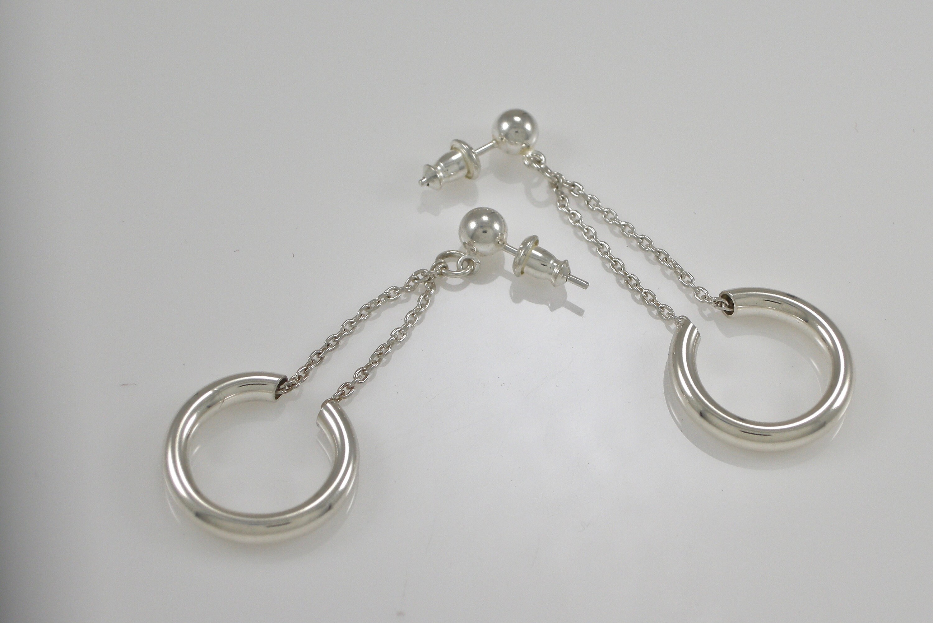 Silver Dangling Hoop Earrings Sterling Circle Earrings Chain