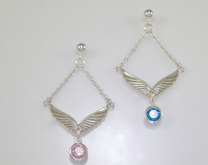Sterling Wing CZ Gem Dangle Earrings | Silver 6mm CZ Earrings | Art Deco Earrings | Keiser Sterling Jewelry | Cubic Zirconium Gem Earrings