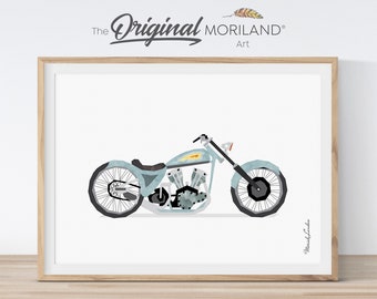 Pale Blue Vintage Motorcycle Printable Poster, Motorbike Biker Wall Art, Boy Nursery Decor, Vehicles Art, Gift for Him | MORILAND®