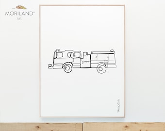 Fire Truck Line Art Print – Minimalist Toddler Boy Decor (Digital Download)