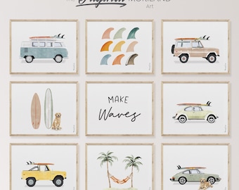 Coastal Surf & Vintage Car Gallery Wall Set - 9 Prints | Beach House Decor | Digital Download