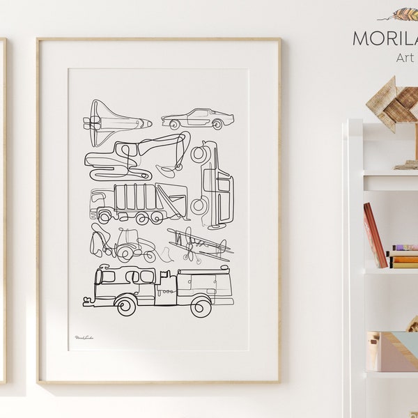 One Line Art Drawing Vehicles Print | Vertical, Black and White, Minimalist Line Art - Printable Art - by MORILAND®