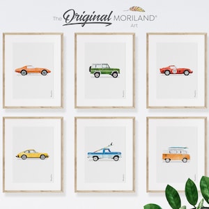 Classic Cars Art Prints - Printable Set of 6 | Vertical, Car Poster, Car Prints for Boys Room, Surf Nursery Decor, Surfboard | MORILAND®