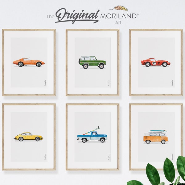 Impresiones de arte de autos clásicos - Conjunto imprimible de 6 / Vertical, Póster de automóviles, Impresiones de automóviles para habitación de niños, Decoración de guardería de surf, Tabla de surf / MORILAND®