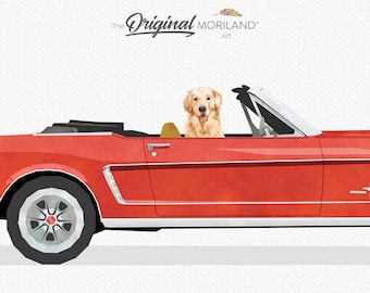 Golden Retriever en rouge décapotable, dessin de chien mignon, téléchargement immédiat de l'art