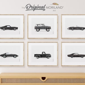 Black & Gray Classic Cars Art Prints - Printable Set of 6, Car Poster, Boy Nursery Decor, LAND128 | MORILAND®