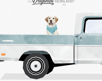Camioneta azul pálido con estampado de perro labrador, arte de pared de camioneta (descarga digital)