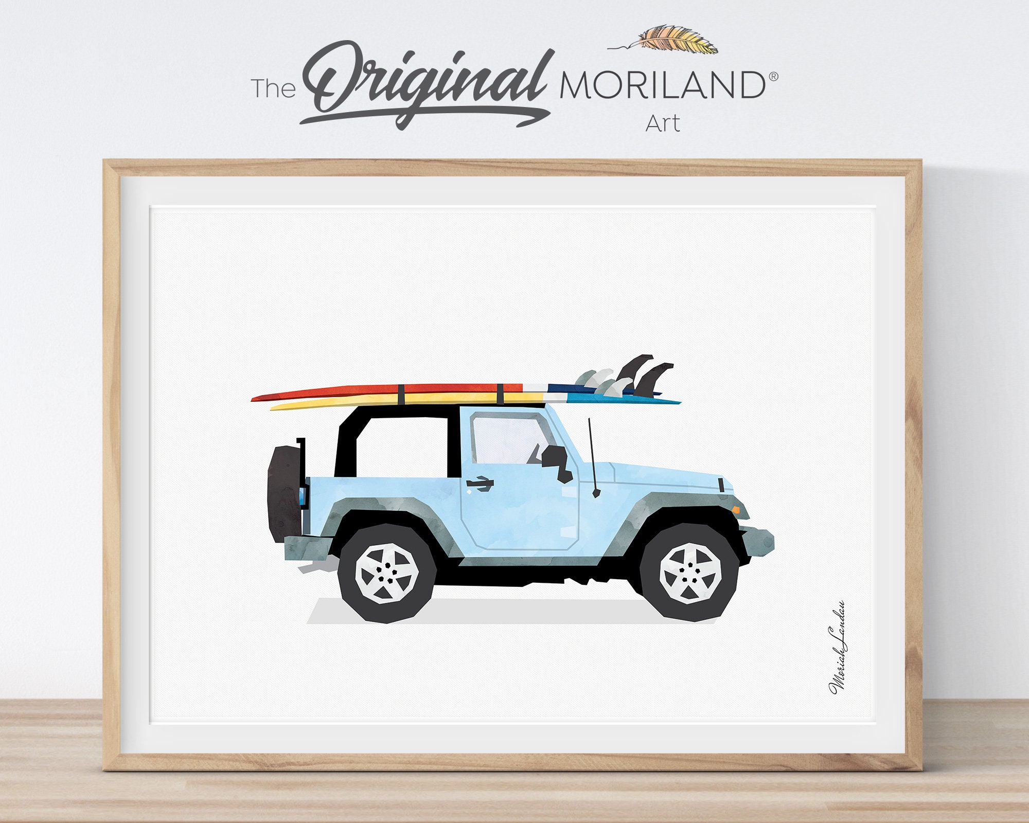 Baby Blue Surfboard SUV Print, Summer Vehicle Art (digital