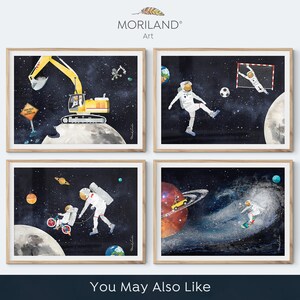 May include: Four watercolor illustrations of astronauts in space. The first image shows an astronaut driving an excavator on the moon. The second image shows an astronaut playing soccer. The third image shows an astronaut riding a bicycle with a child. The fourth image shows an astronaut surfing on a wave of stars.