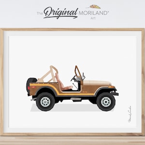May include: A brown and beige Jeep with a black roll cage and black wheels. The Jeep is on a white background.