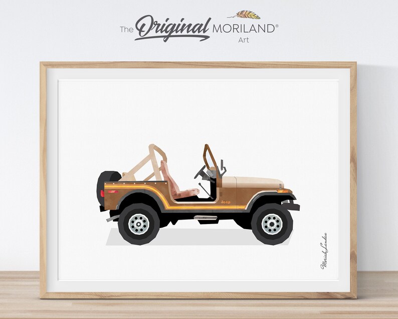 May include: A brown and beige Jeep with a black roll cage and black wheels. The Jeep is on a white background.