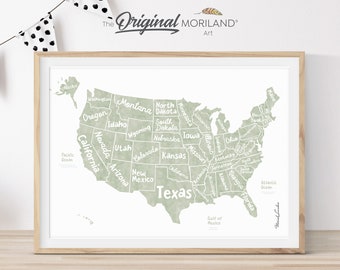 Sage Green US Map Print, Printable US Map, Nursery Map, Classroom Décor, Map Wall Art, Back to School Poster | MORILAND®
