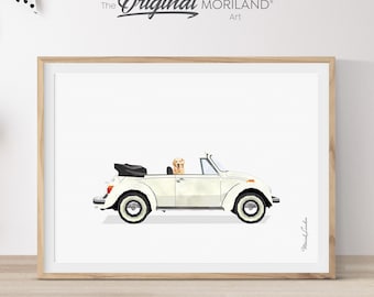 Impression d'art Golden Retriever en voiture classique (téléchargement numérique)