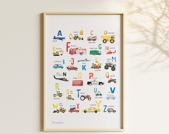 Transportation Alphabet Poster, Vehicle ABC Print, Educational Nursery & Playroom Wall Art, Digital Download