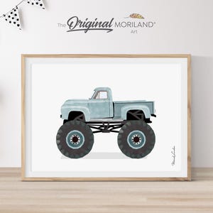 May include: A light blue monster truck with large black tyres. The truck is on a white background. The Original Moriland Art logo is in the top right corner.
